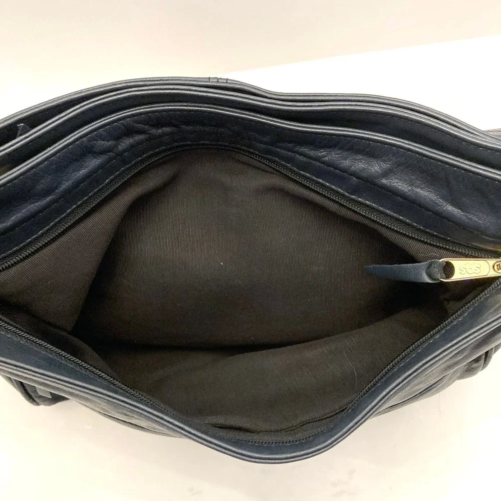 Vtg SAS Shoulder Bag Navy Blue Leather Purse Hand Sewn Made USA‎ Pockets - Picture 12 of 13